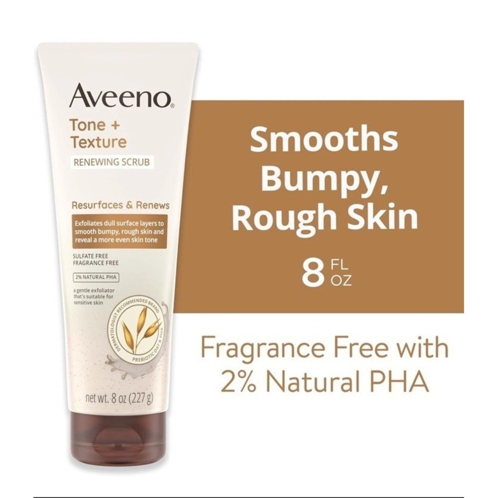 NEW! Aveeno Tone + Texture Renewing Bath and Body Scrub, Fragrance Free, 8 fl oz